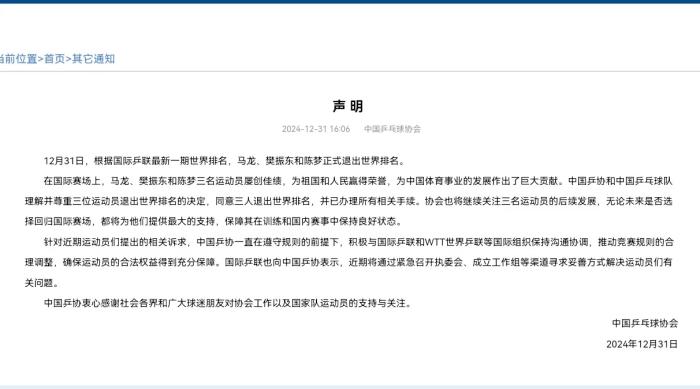 马龙、樊振东、陈梦正式退出世界排名 中国乒协